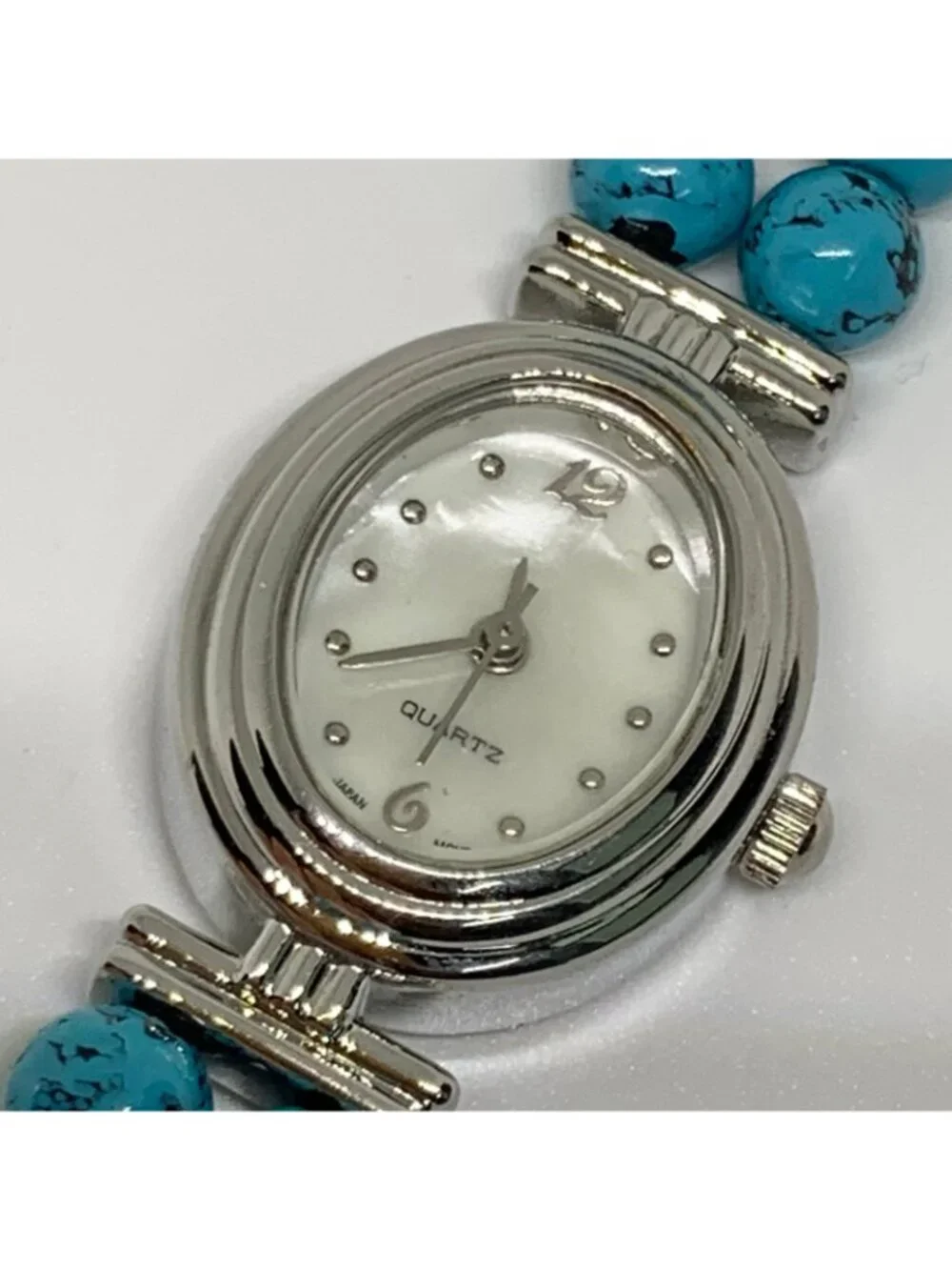 turquoise beaded bracelet silver tone women watch mop dial 19mm oval 7” running